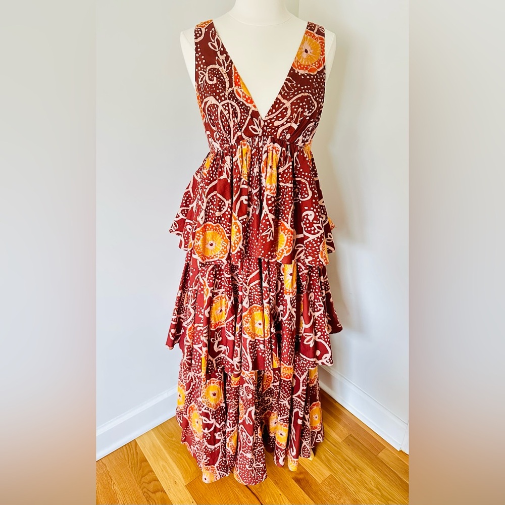 Anthropologie Atsu V-Neck Brown and Gold Ruffled Maxi Dress - Picture 5 of 10